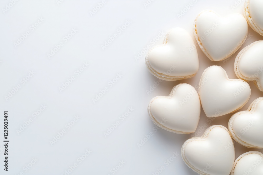 Heart-shaped white macarons arranged in a clean flat lay on a white background for a delightful dessert presentation Heart-shaped white macarons arranged in a clean flat lay on a white background for a delightful dessert presentation