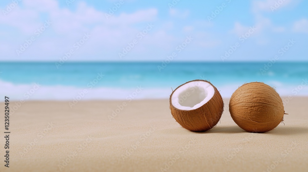 Obraz premium Close-up view of coconuts resting on sandy beach with tropical ocean background on a sunny day