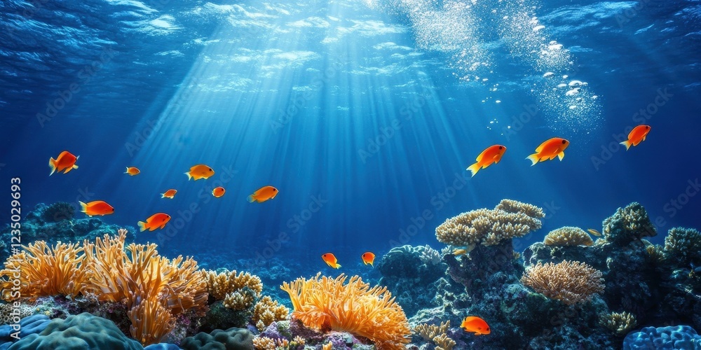 Naklejka premium Vibrant Coral Reef Scene With Orange Fish Swimming