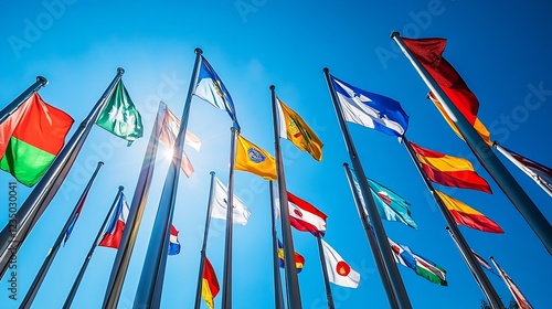 Colorful Array of World Flags Waving Against Clear Blue Sky : Generative AI