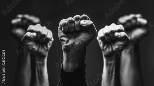 Black and white image of raised fists in solidarity, symbolizing unity and strength.