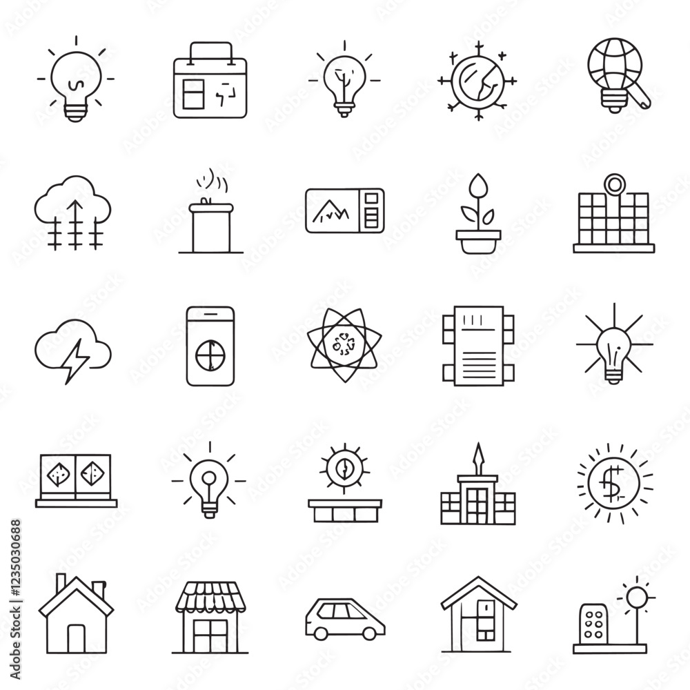 Solar Energy Line Icons vector Solar Power Systems & Renewable Technology Solar Energy Line Icons vector Solar Power Systems & Renewable Technology