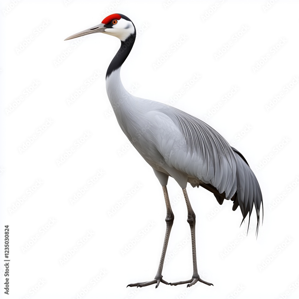 Fototapeta premium Majestic crane standing gracefully against a pure white background showcasing its elegance and beauty