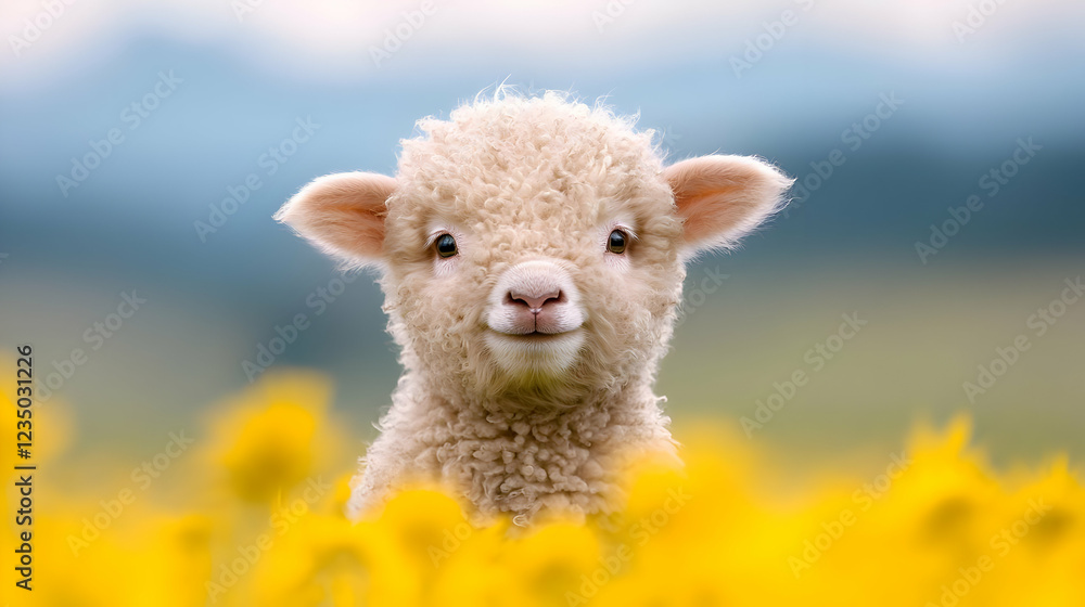 Obraz premium Cute fluffy lamb standing in a field of vibrant yellow flowers under a bright blue sky.