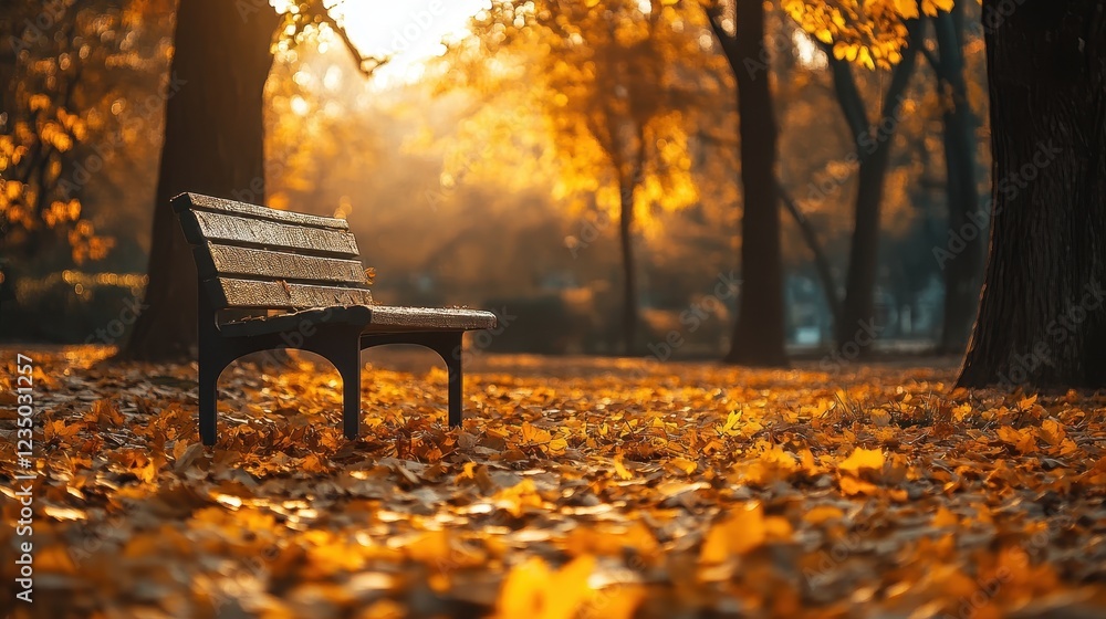 Beautiful autumn park with a wooden bench surrounded by colorful fallen leaves in golden sunlight Beautiful autumn park with a wooden bench surrounded by colorful fallen leaves in golden sunlight