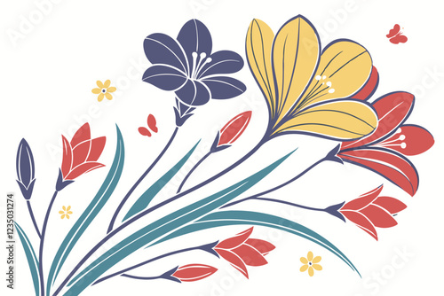 Colorful flower petals, abstract floral arrangement, vibrant hues, artistic composition, macro photography, soft focus edges, white background, petal diversity, blue petal, yellow petal, red petal, pu