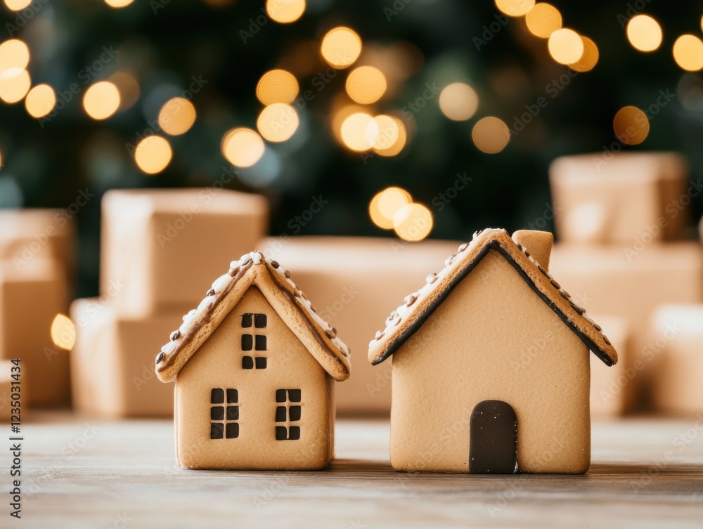 Two charming gingerbread houses sit on a wooden table, surrounded by festive bokeh lights, creating a cozy Christmas atmosphere. Two charming gingerbread houses sit on a wooden table, surrounded by festive bokeh lights, creating a cozy Christmas atmosphere.