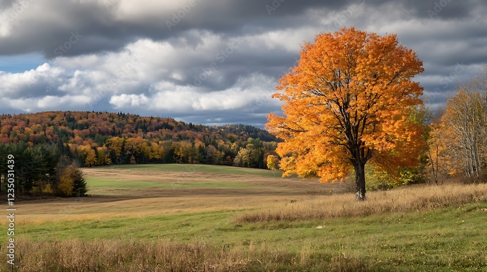 Fototapeta premium Solitary Autumn Tree In Open Field Under Moody Dramatic Sky With Forest Hills : Generative AI