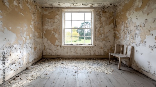 Abandoned Rustic Room with Peeling Walls and Single Window Overlooking Countryside : Generative AI photo