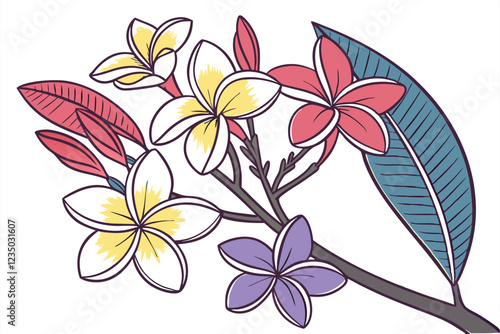 Colorful flower petals, abstract floral arrangement, vibrant hues, artistic composition, macro photography, soft focus edges, white background, petal diversity, blue petal, yellow petal, red petal, pu