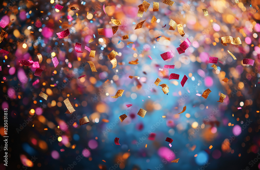 Naklejka premium Colorful confetti falling on a blue background. Birthday party concept.