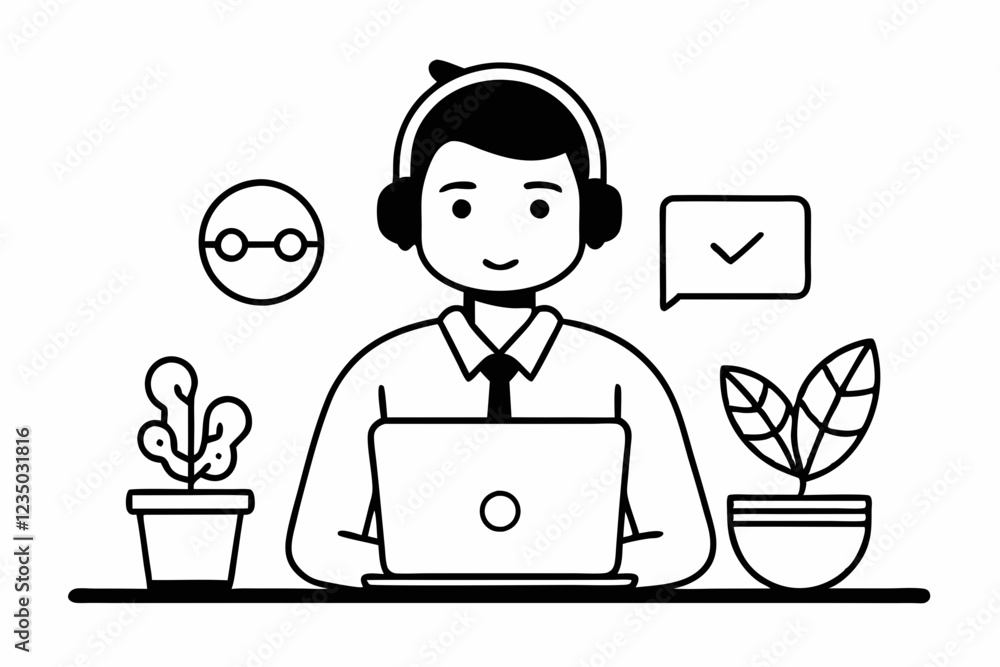call center man with laptop black and white color