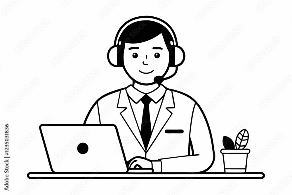 call center man with laptop black and white color call center man with laptop black and white color