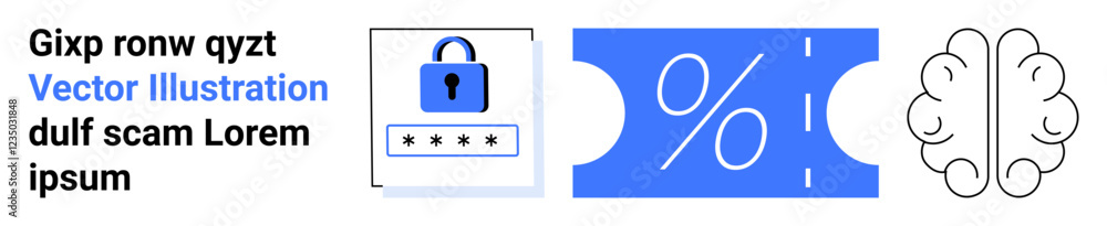Padlock emphasizing security, percent symbol for discounts, and brain symbolizing innovation. Ideal for technology, safety, finance, education, innovation creativity marketing concepts. Abstract Padlock emphasizing security, percent symbol for discounts, and brain symbolizing innovation. Ideal for technology, safety, finance, education, innovation creativity marketing concepts. Abstract
