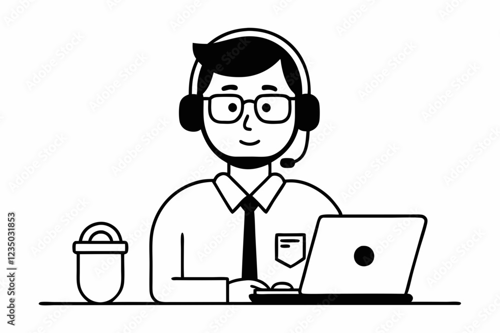 call center man with laptop black and white color call center man with laptop black and white color