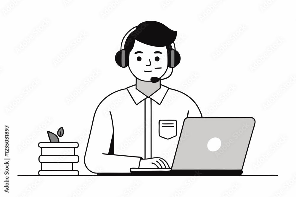 call center man with laptop black and white color call center man with laptop black and white color