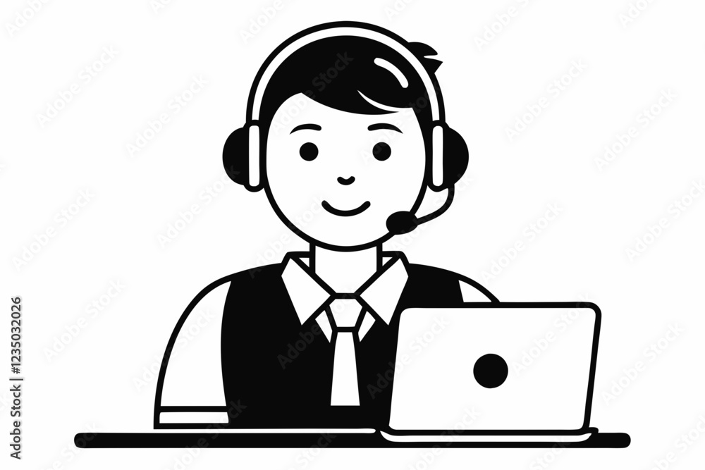 call center man with laptop black and white color call center man with laptop black and white color
