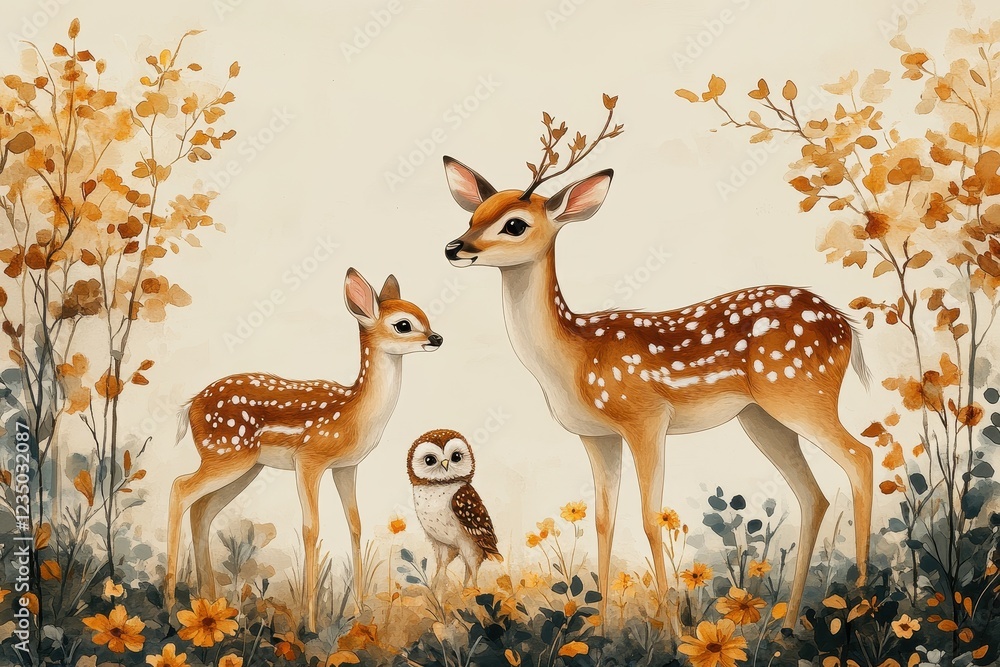 A serene illustration featuring a deer family and an owl amidst autumn foliage. A serene illustration featuring a deer family and an owl amidst autumn foliage.