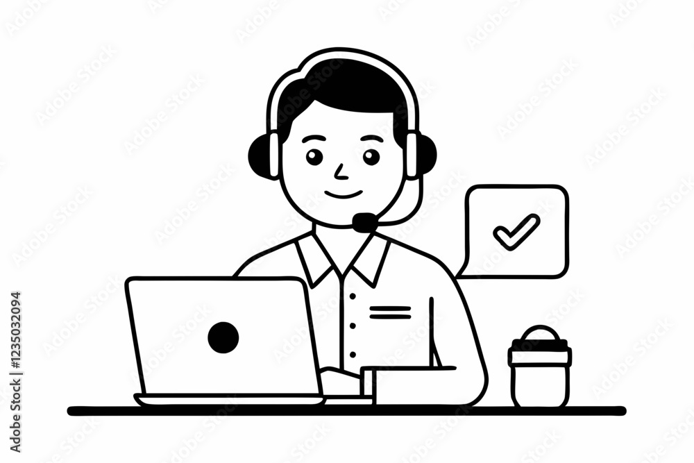 call center man with laptop black and white color call center man with laptop black and white color
