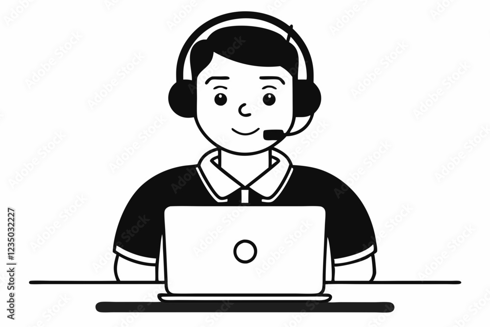 call center man with laptop black and white color call center man with laptop black and white color