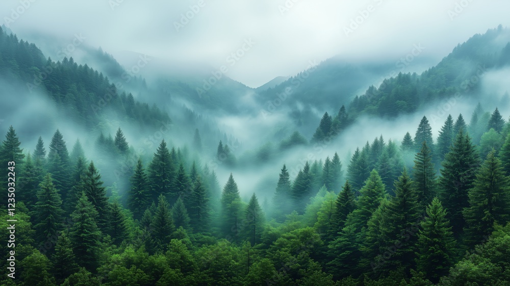Misty mountains enveloped in fog with a lush green forest stretching across the landscape Misty mountains enveloped in fog with a lush green forest stretching across the landscape