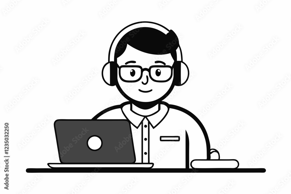 call center man with laptop black and white color call center man with laptop black and white color