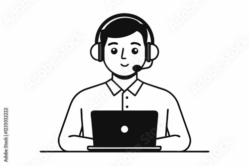 call center man with laptop black and white color
