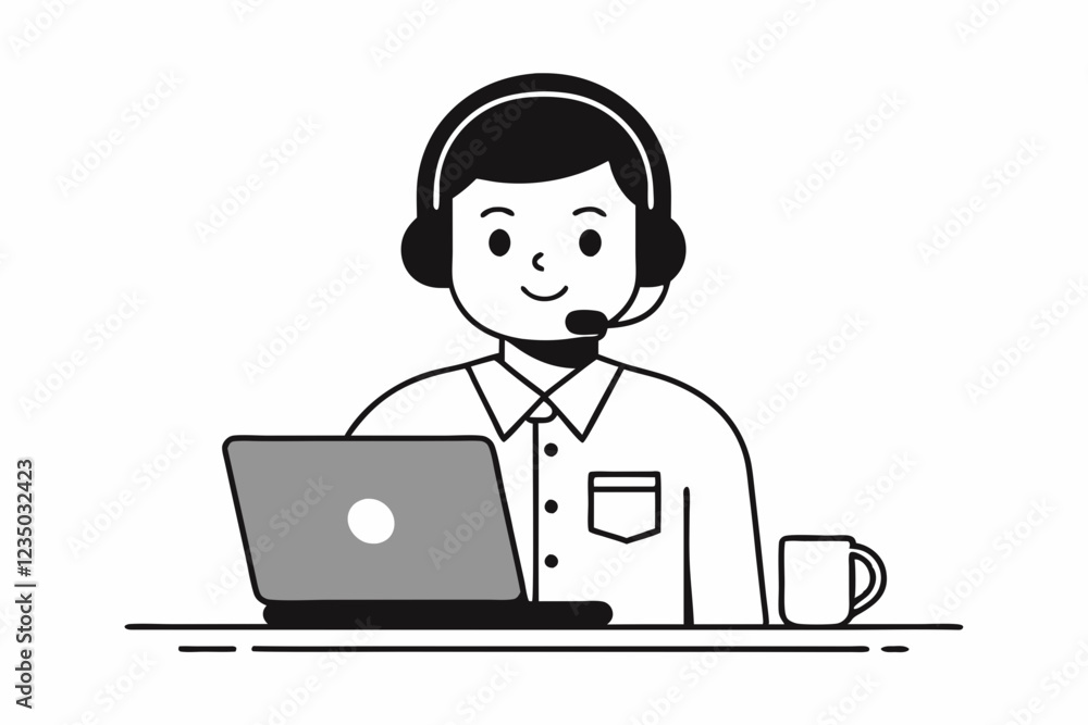 call center man with laptop black and white color call center man with laptop black and white color