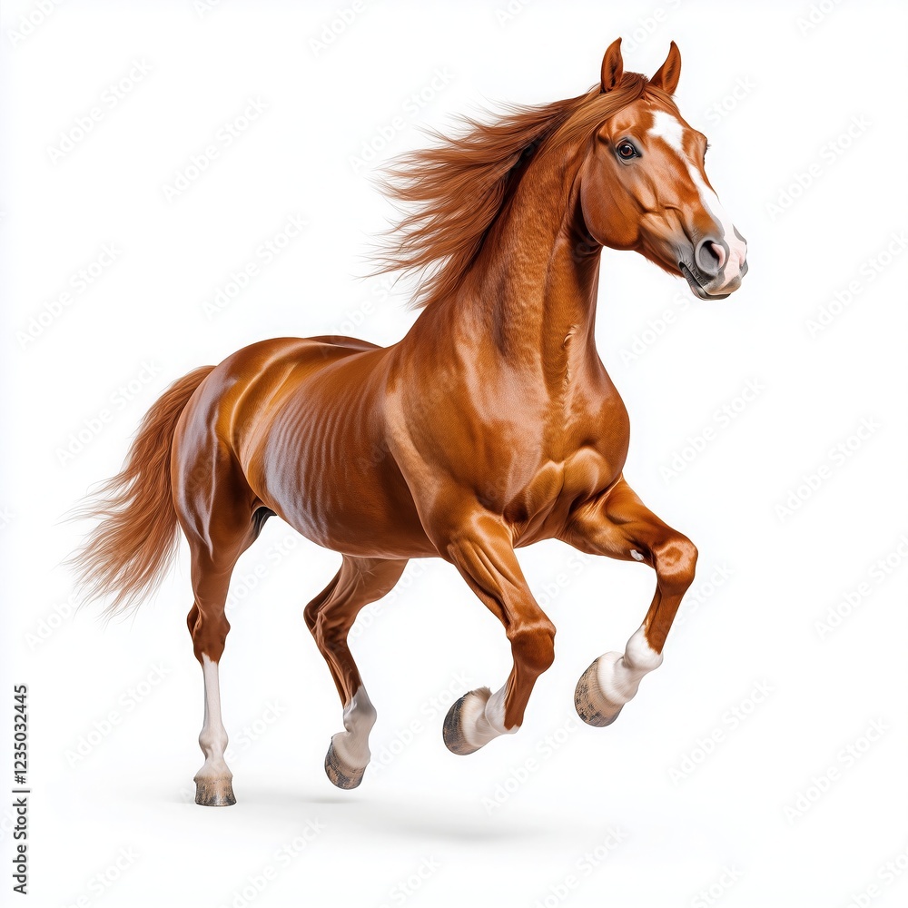 Obraz premium Strong horse with shiny chestnut coat rearing against a white background, showcasing its powerful physique and elegance