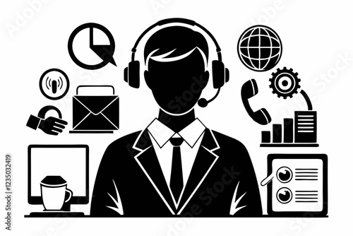 call center man with laptop black and white color