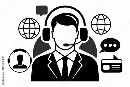 call center man with laptop black and white color