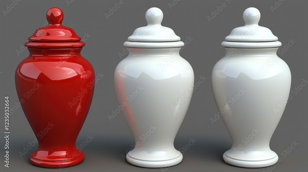 Three Elegant Ceramic Jars: Red and White Pottery Three Elegant Ceramic Jars: Red and White Pottery