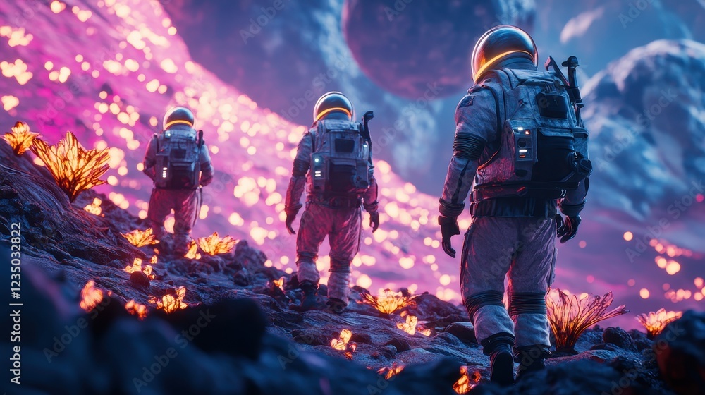 Fototapeta premium Astronauts explore a volcanic landscape while surrounded by smoke and lava during a dramatic twilight period