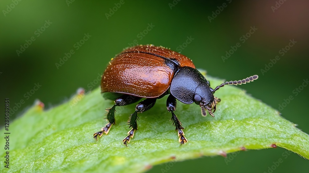 Naklejka premium Brown and Black Beetle Perched on a Vibrant Green Leaf Outdoors : Generative AI