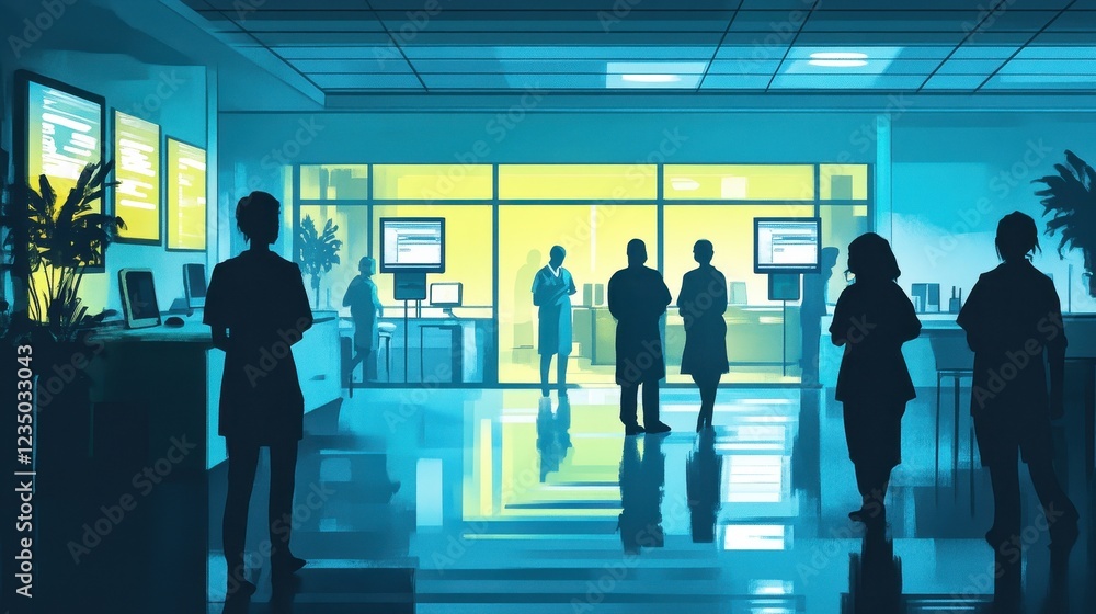 Silhouetted Figures in a Modern Medical Facility Silhouetted Figures in a Modern Medical Facility