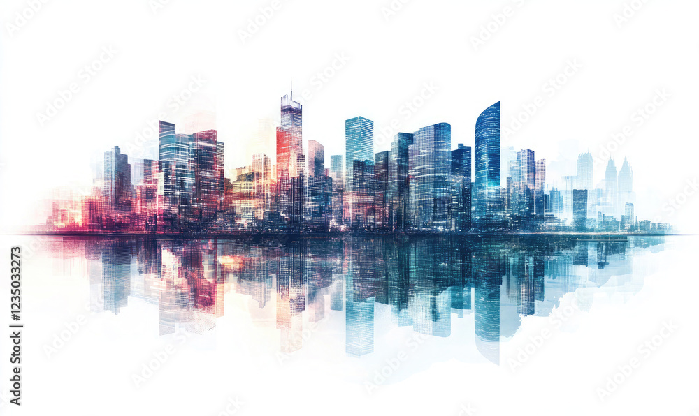 Modern City Skyline with Vibrant Reflections at Sunrise Modern City Skyline with Vibrant Reflections at Sunrise