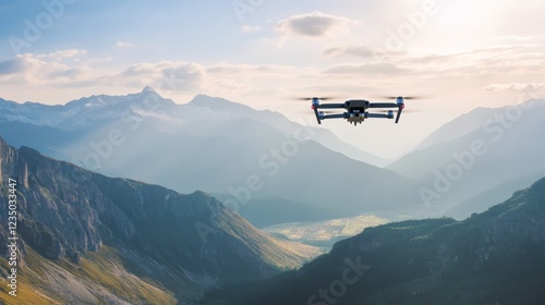 Drone flying over mountain landscape capturing scenic views during early morning light photo