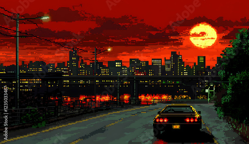 8-bit pixel art city skyline at dusk with red sky, neon lights, cars, and anime-style video game graphics