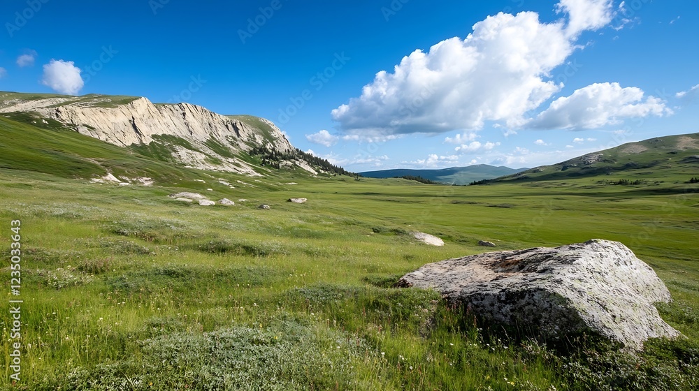 Vast Mountain Meadow Landscape Under a Clear Blue Sky and Fluffy Clouds : Generative AI Vast Mountain Meadow Landscape Under a Clear Blue Sky and Fluffy Clouds : Generative AI