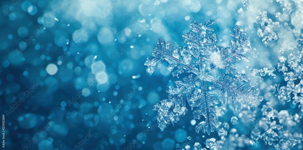 Intricate Snowflake Against Blue Bokeh Background Intricate Snowflake Against Blue Bokeh Background