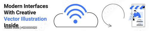 Cloud icon with wireless signal, circular arrow connecting to storefront window showing an online transaction. Ideal for e-commerce, data sharing, remote access, technology, internet services