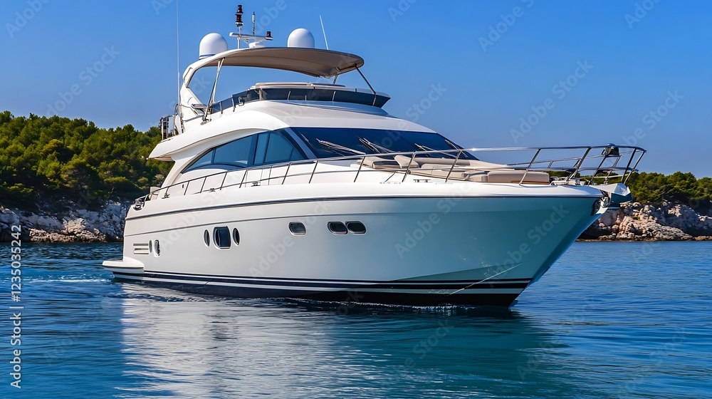 Fototapeta premium Luxurious motor yacht anchored in serene bay emphasizing elegance and relaxation : Generative AI