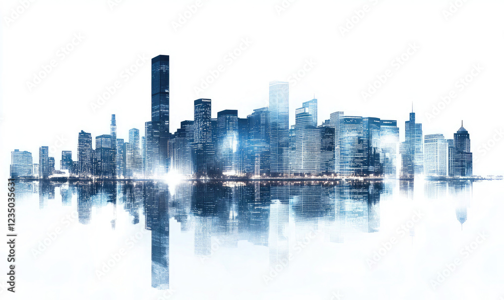 Fototapeta premium Modern City Skyline with Vibrant Reflections at Sunrise