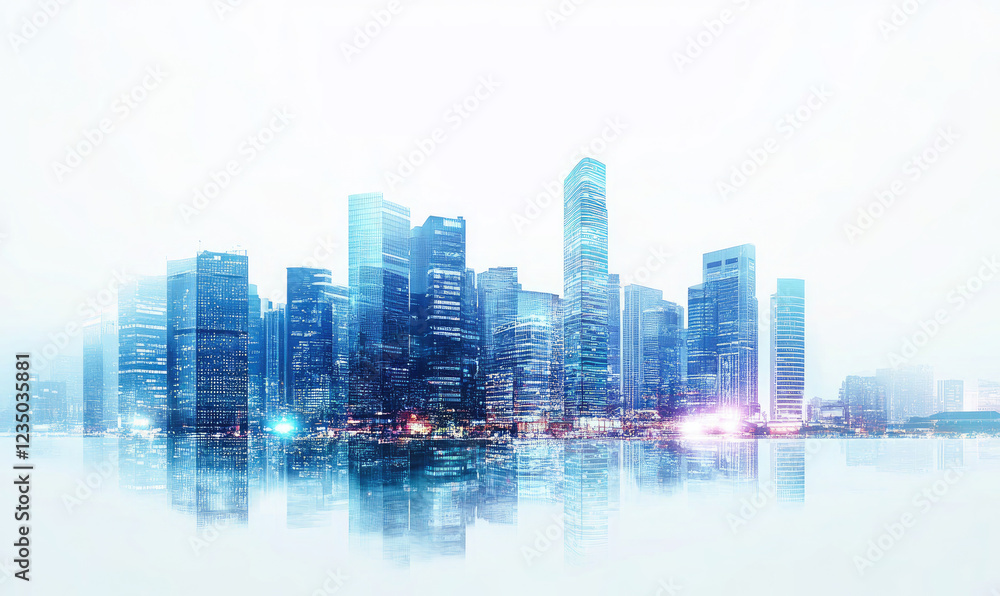 Fototapeta premium Modern City Skyline with Vibrant Reflections at Sunrise