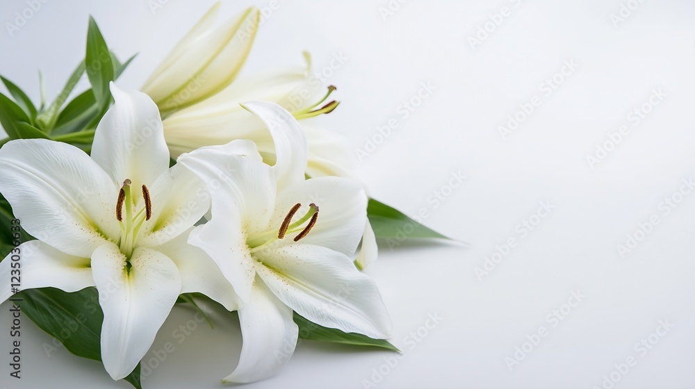 Fototapeta premium Elegant white lilies bouquet with lush green leaves on soft background : Generative AI