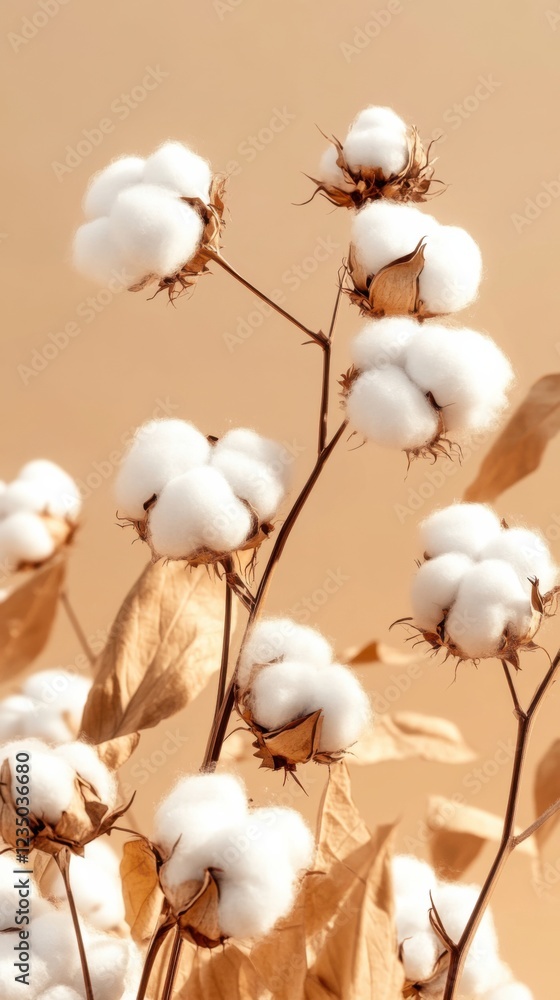 A graceful hand-drawn cotton branch with fluffy white bolls and brown leaves, set against a warm beige background. A graceful hand-drawn cotton branch with fluffy white bolls and brown leaves, set against a warm beige background.