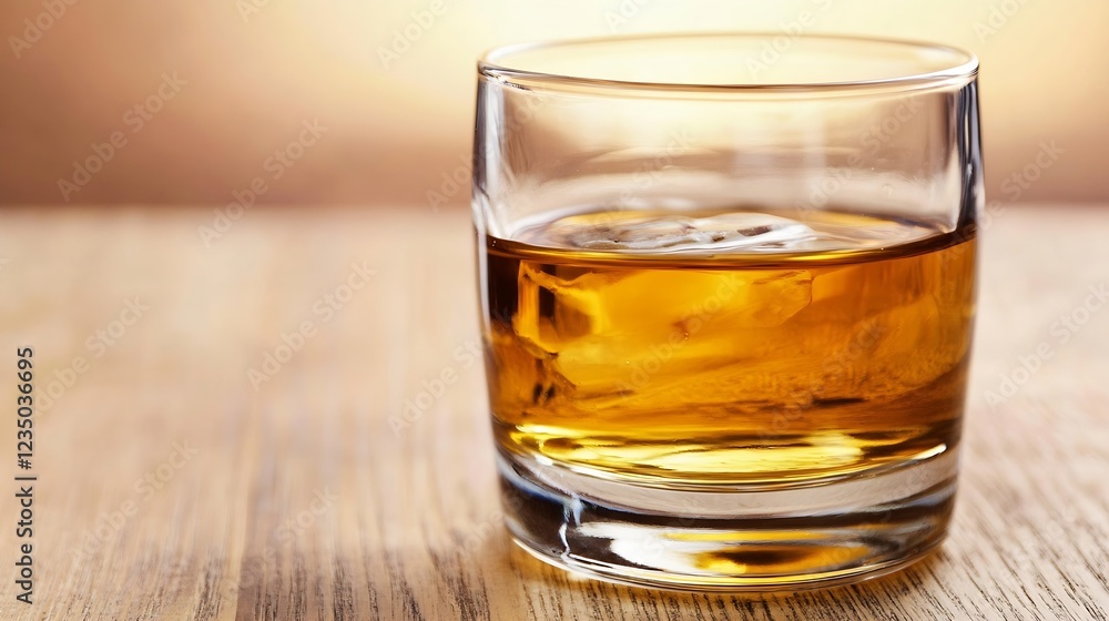 Golden Whiskey in a Classic Glass on a Wooden Table in Warm Lighting : Generative AI Golden Whiskey in a Classic Glass on a Wooden Table in Warm Lighting : Generative AI