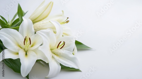 Elegant white lilies bouquet with lush green leaves on soft background : Generative AI