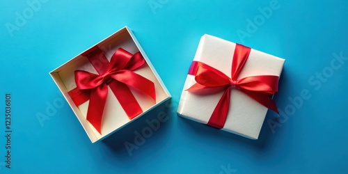 Wallpaper Mural A white gift box with a bright red satin bow sits open revealing its empty interior, while another identical box remains closed beside it on a vibrant blue background. Torontodigital.ca