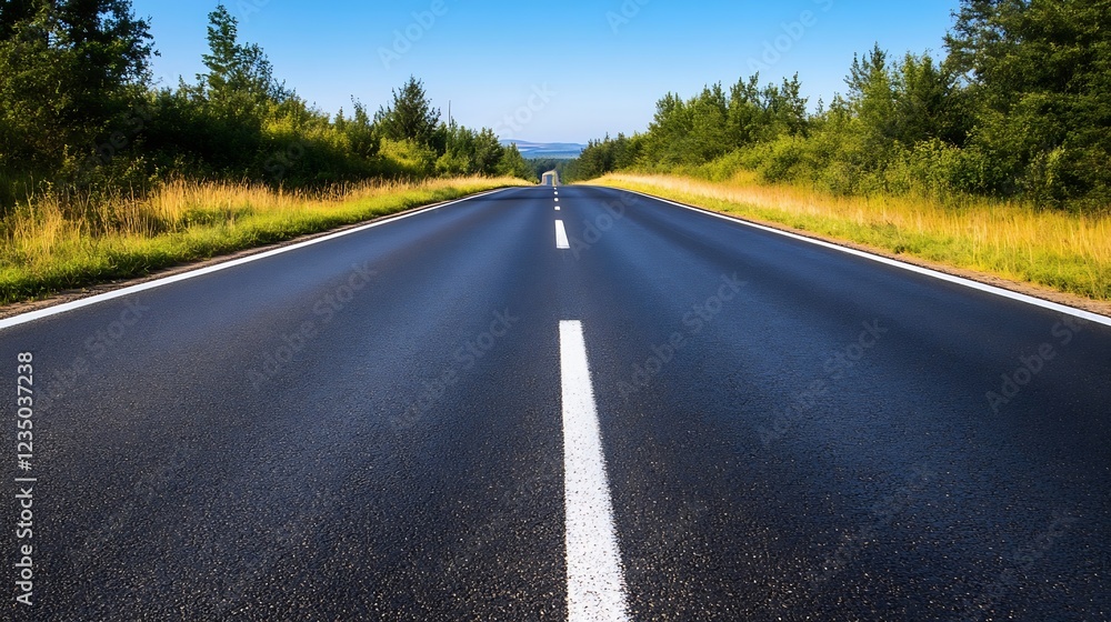 Empty Straight Asphalt Road Through Countryside Surrounded by Lush Trees : Generative AI